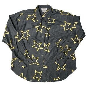 Paula Saker 100% Silk Black & Yellow Star Pattern Button Up Long Sleeve Blouse 8